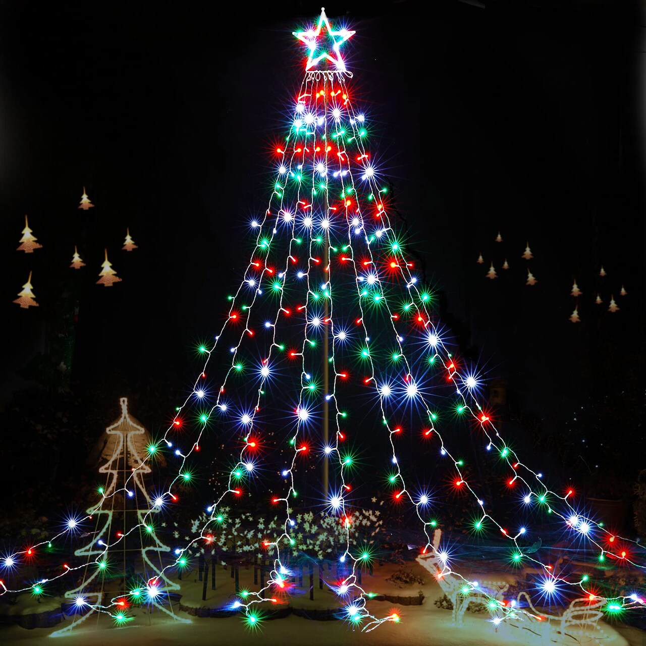 Outdoor Christmas Lights 344 LED Christmas Star Lights with 9 Strands 11.9ft Waterfall Tree Lights, 8 Modes, Waterproof & Timer for Garden Yard Patio Outdoor Xmas Decorations,Red Green White